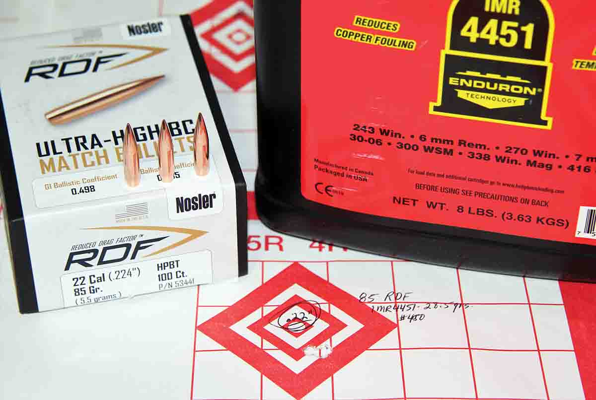 The 224 Grendel’s second-best group of the test involved 28.5 grains of IMR-4451 and a Nosler RDF 85-grain bullet. That .22-inch group was sent at 2,833 fps.